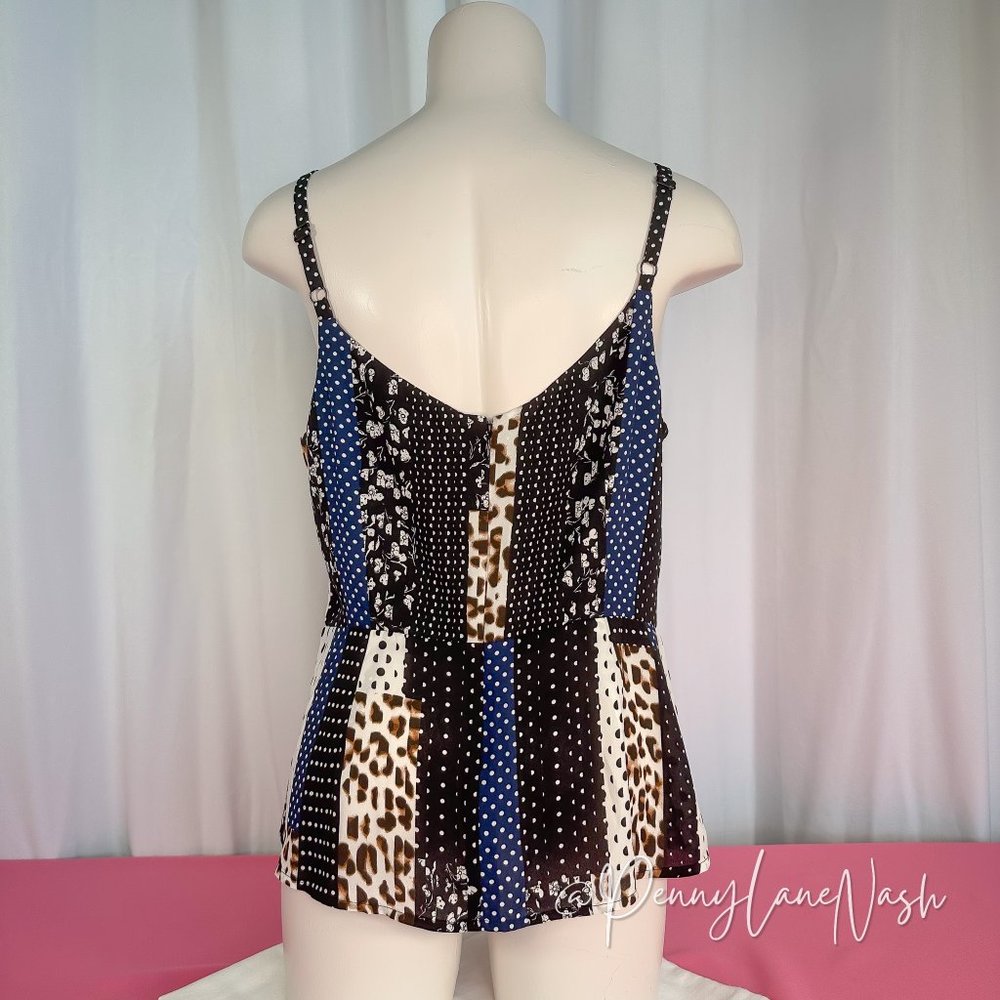 Cabi 3787 Mixed Print Crossover Peplum Camisole Tank - Picture 3 of 8